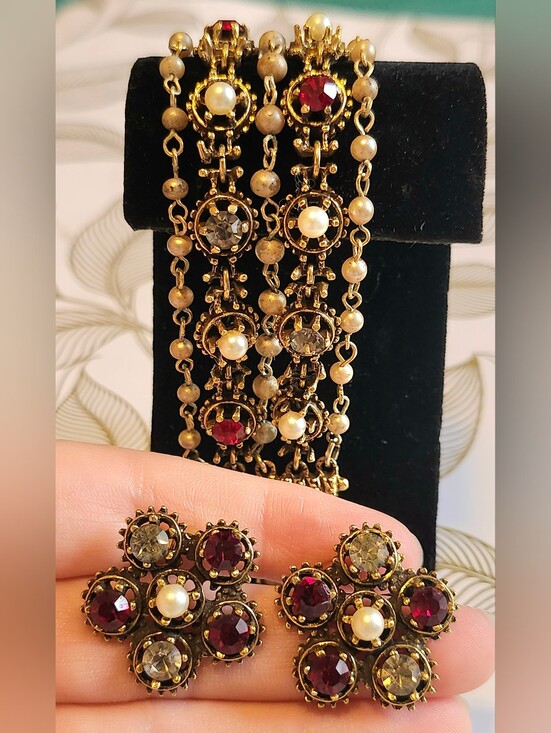Jewelry - Vintage 1950s Rhinestone & Faux Pearl Cluster Earrings & Bracelet